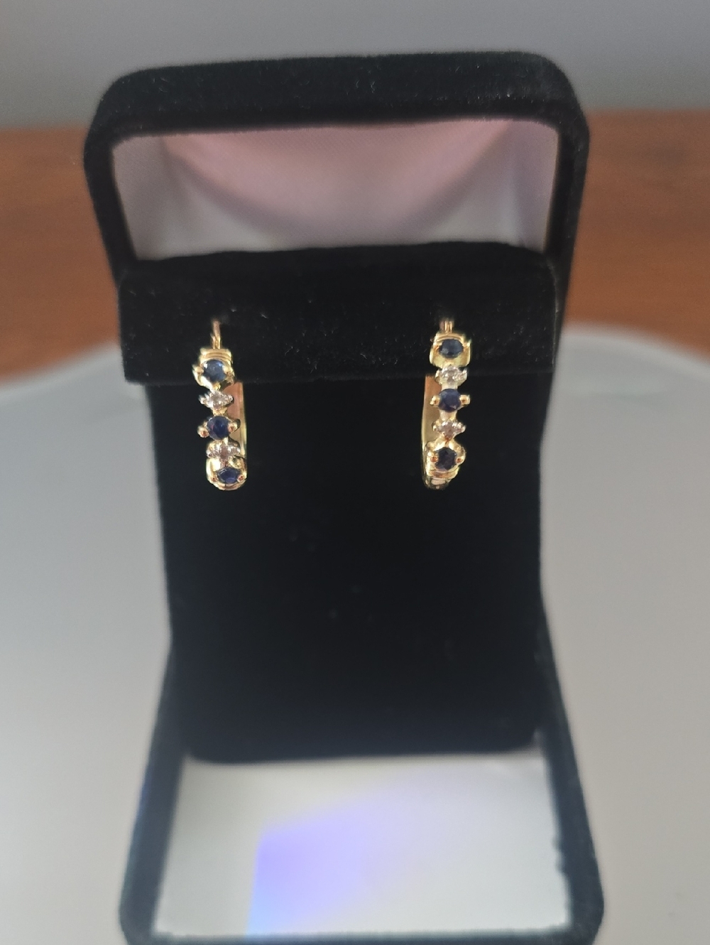 Vintage 10K Yellow Gold Diamond Sapphire Hinge Snap Clasp Small Hoop Earrings